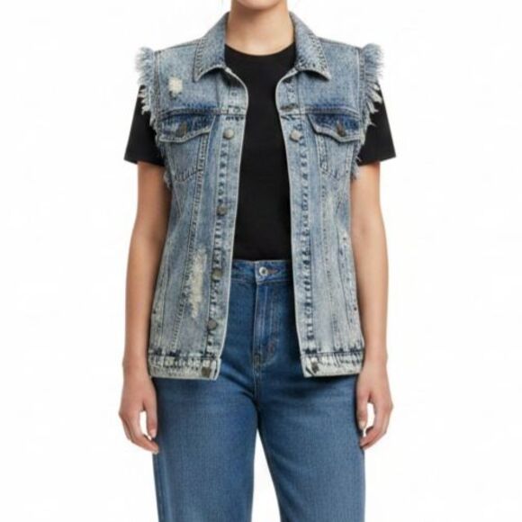 Umgee Jackets & Blazers - Umgee Acid Washed Denim Midi Vest Women Small Retro 90s Frayed Factory Distress